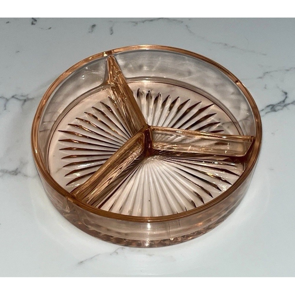 Vintage Pink Pressed Glass 3 Section Divided Relish Dish Round Serving Tray 6.5"
